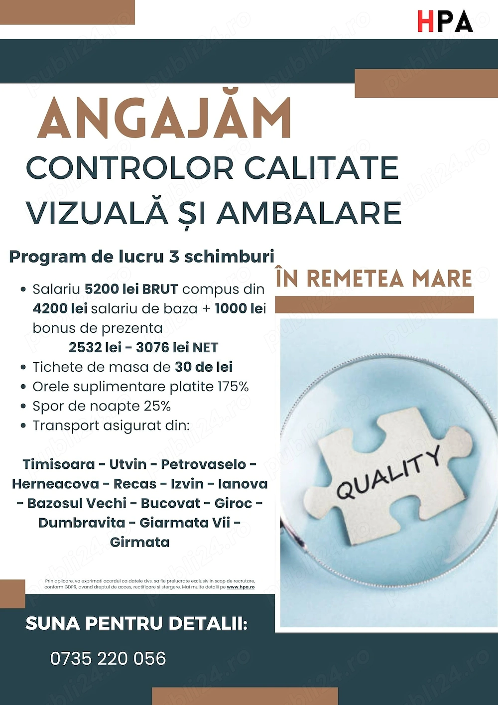HPA recruteaza controlor calitate vizuala si ambalare- Remetea Mare