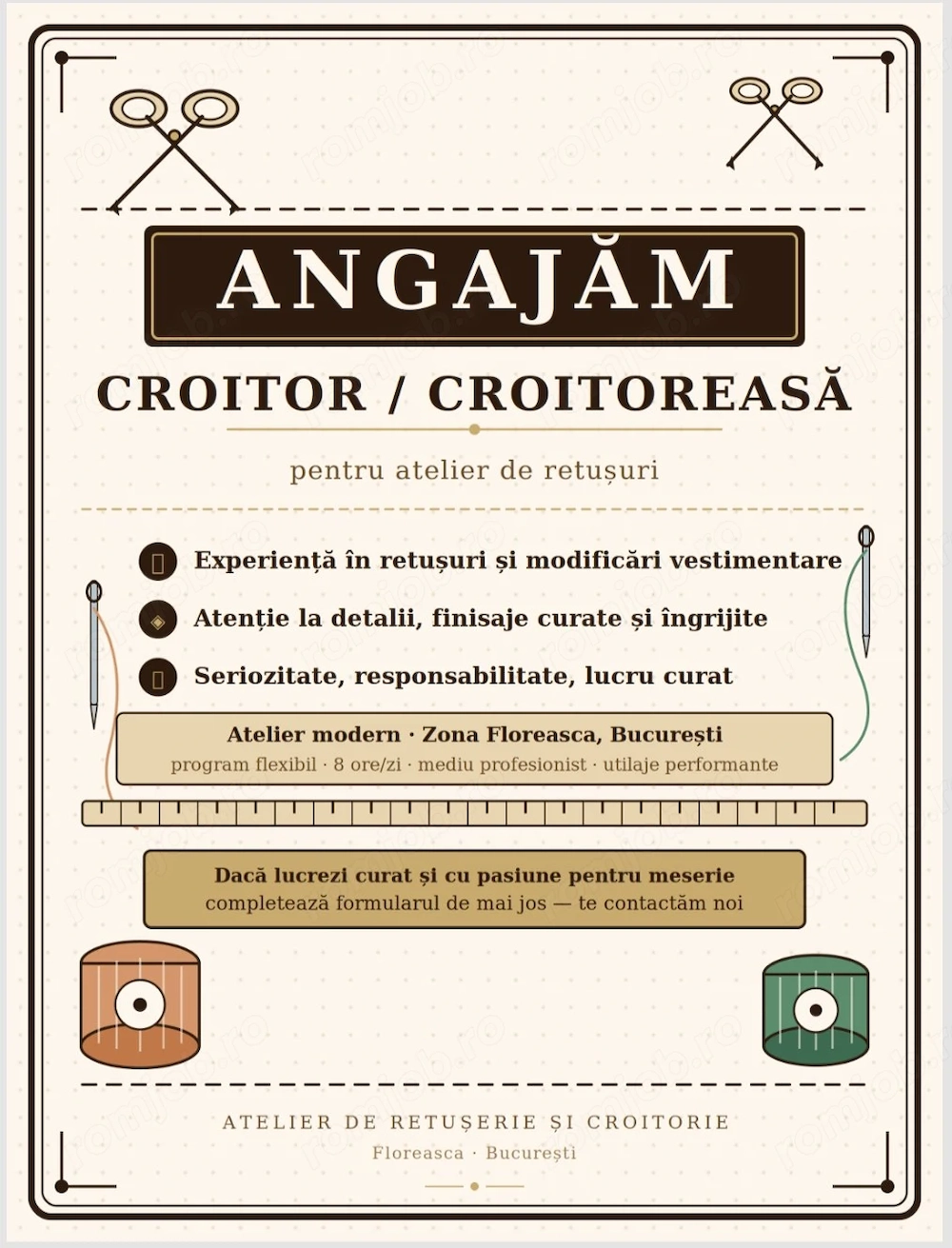 Croitoreasa pentru atelier de retus haine- zona Floreasca 5.000 - 7.000 RON