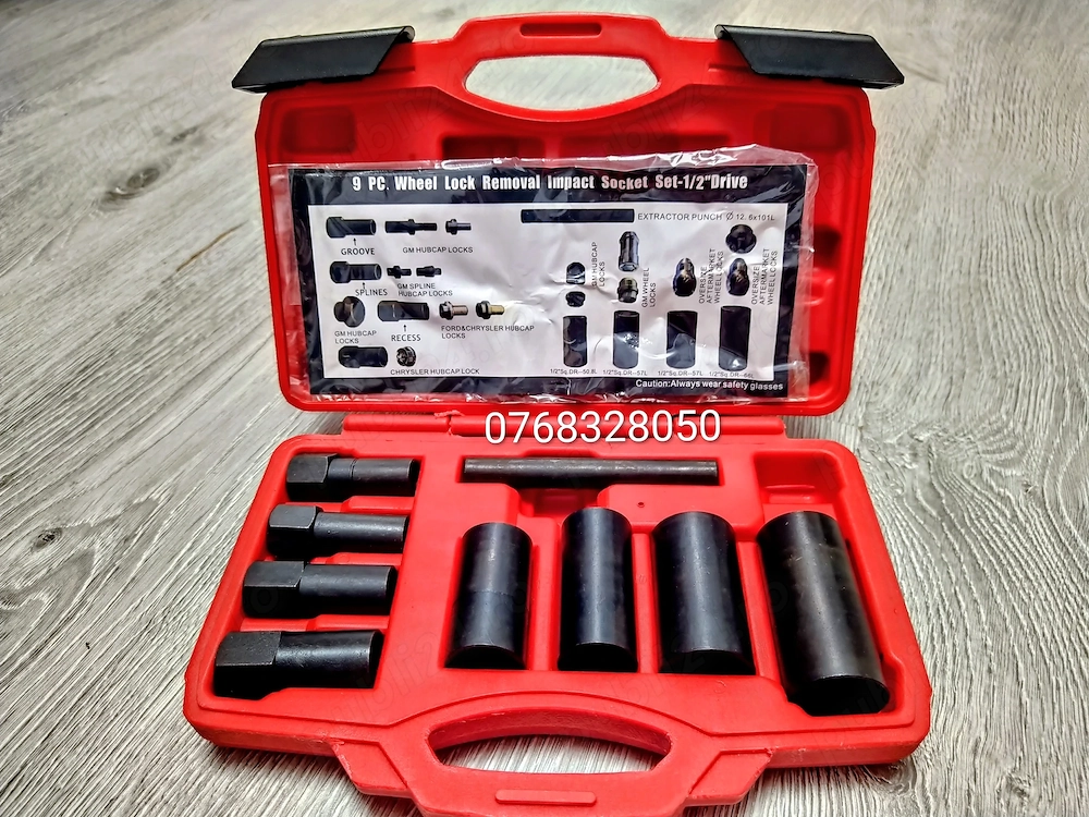 Set 9 piese chei pentru demontat antifurturi roți și piulițe deteriorate 1/2" – NOU
