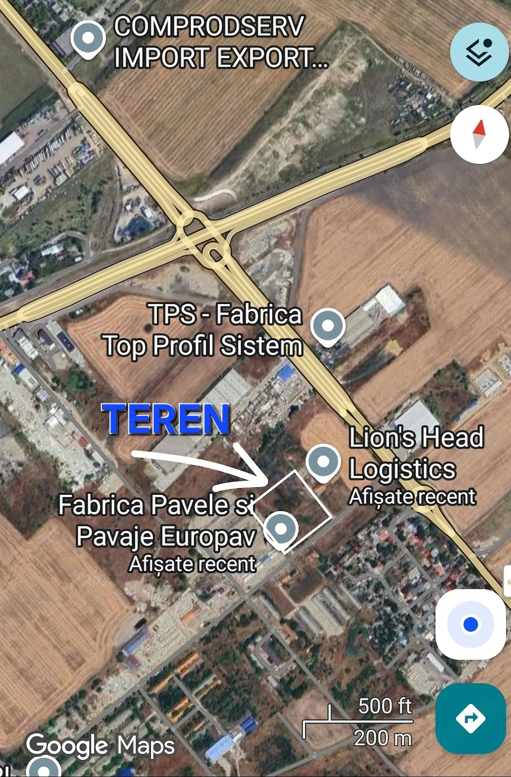 Vand teren 100 euro mp suprafaţă 2500mp intravilan curent 220 - 380 zone betonate hale pe teren 564m