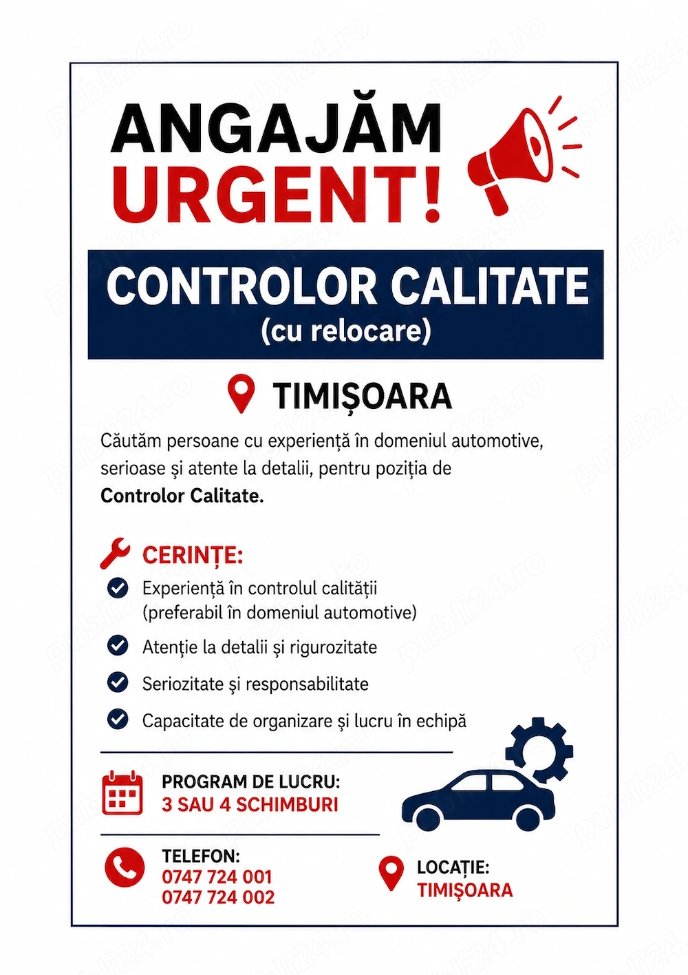 ANGAJAM Controlor Calitate cu relocare in TIMISOARA