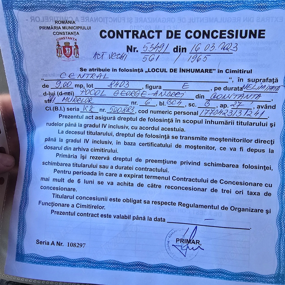 Înstrăinez concesiune loc de veci cimitirul central Constanța