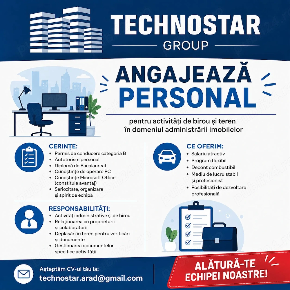 Angajam personal pentru activitati de birou si teren in domeniul administrarii imobilelor