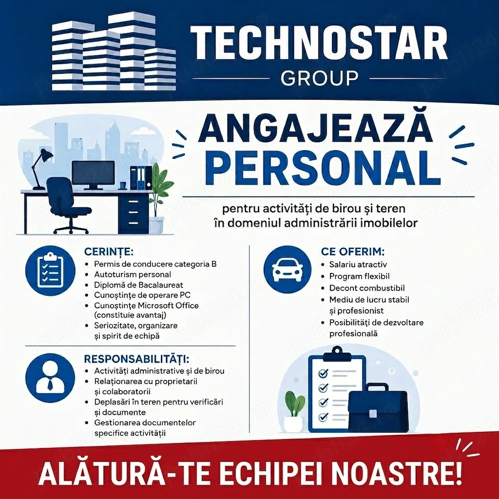 Angajam personal pentru activitati de birou si teren in domeniul administrarii imobilelor (Micalaca)