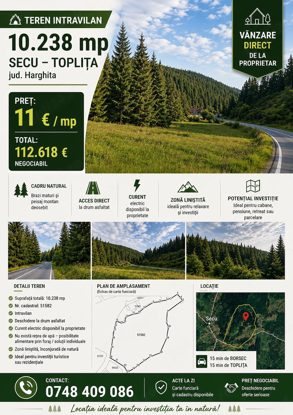 Teren intravilan 10.238 mp Secu-Toplița | Parcelabil | Ideal cabane pensiune | CF la zi