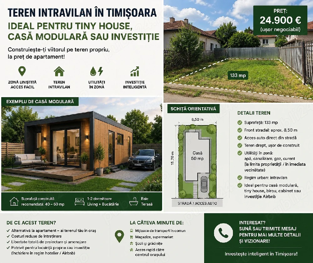 Teren intravilan în Timișoara   ideal pentru Tiny House, casă modulară sau investiție