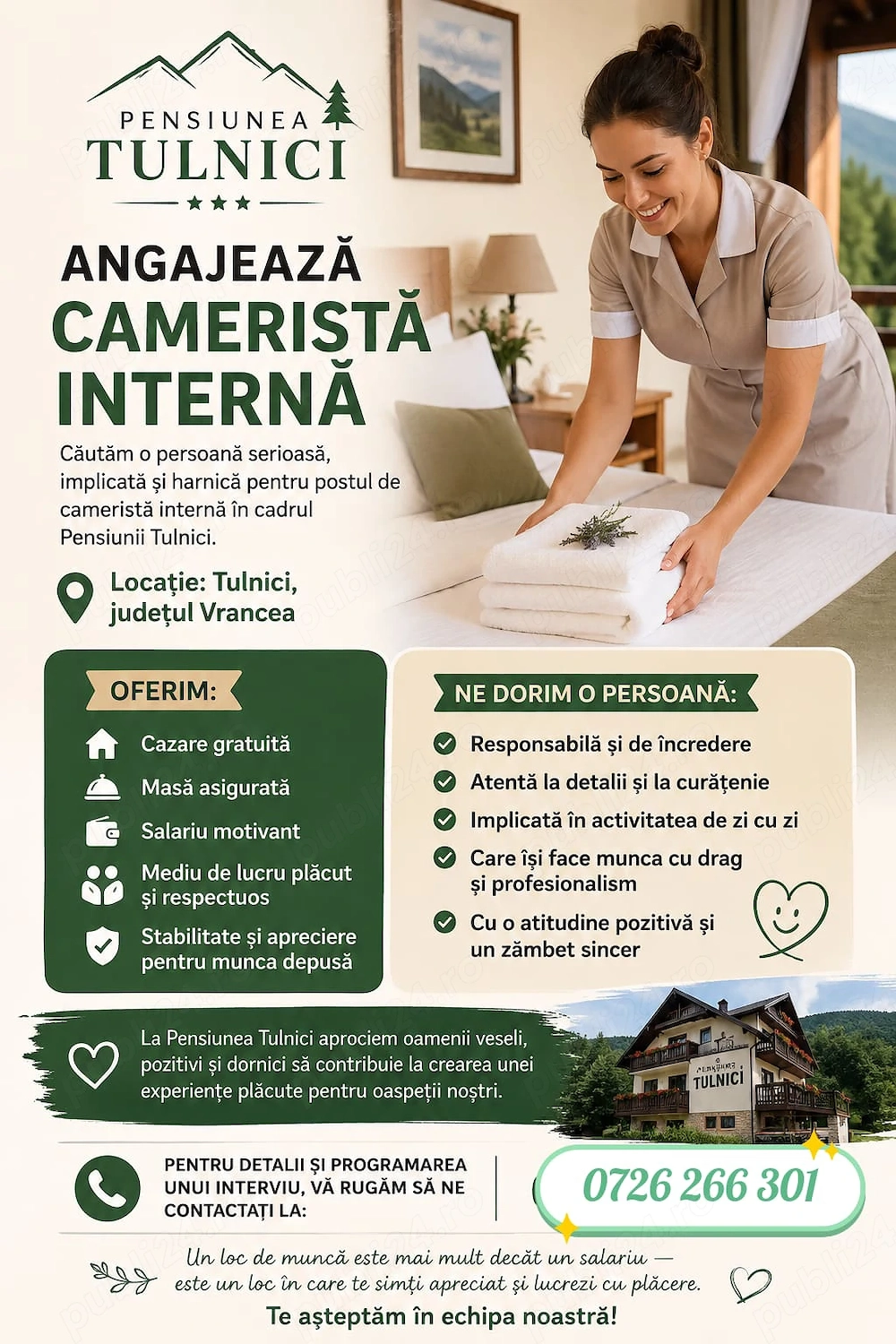 Angajam CAMERISTA Interna Pensiune din Vrancea