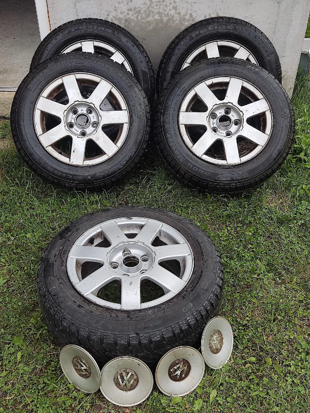 Jante Aliaj Originale VW 15" 5x112 Passat, Golf + Anvelope Iarnă 195/65/R15 + Rezervă