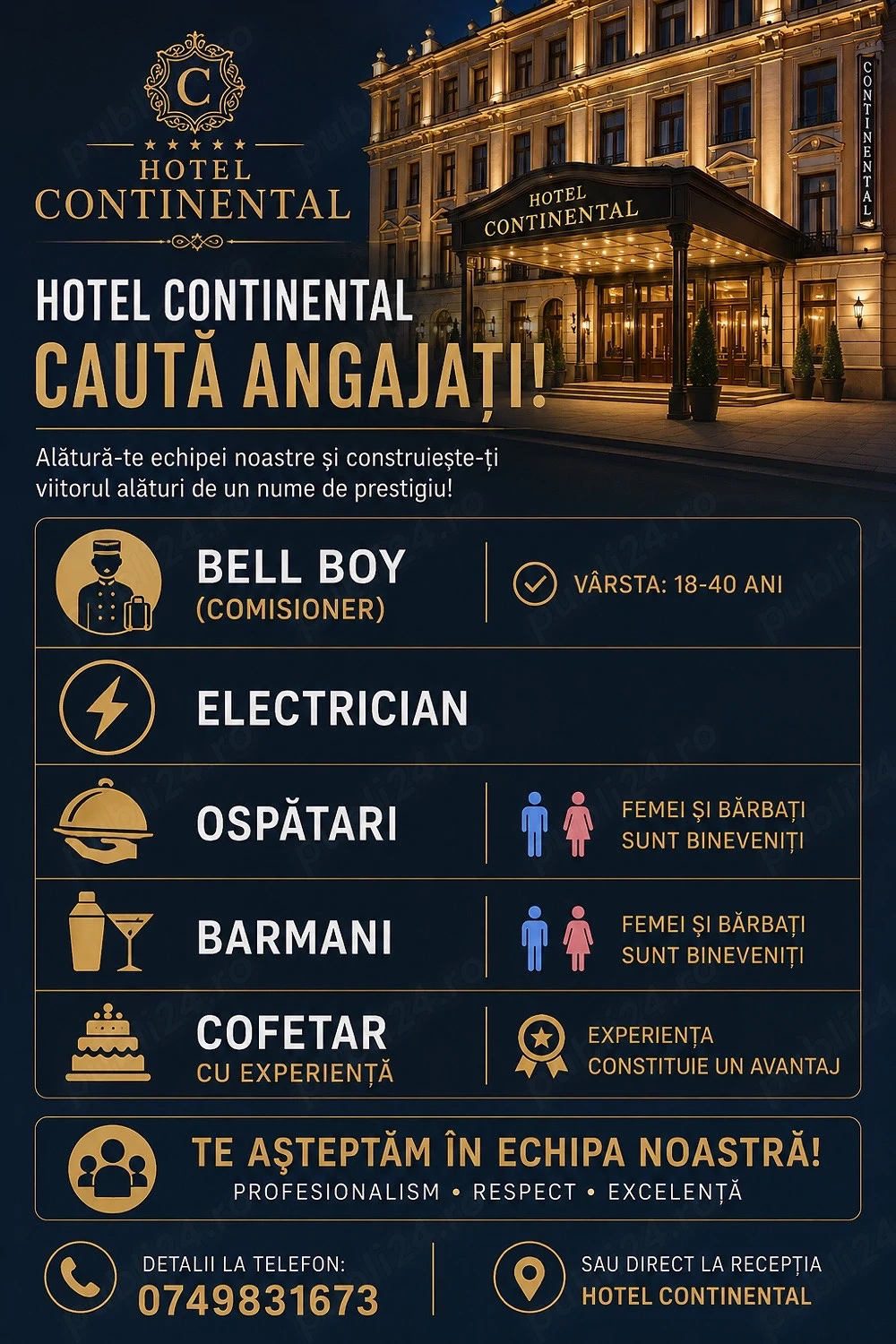 Angajăm Bell Boy, electrician, cofetar cu experiență, ospătari și barmani