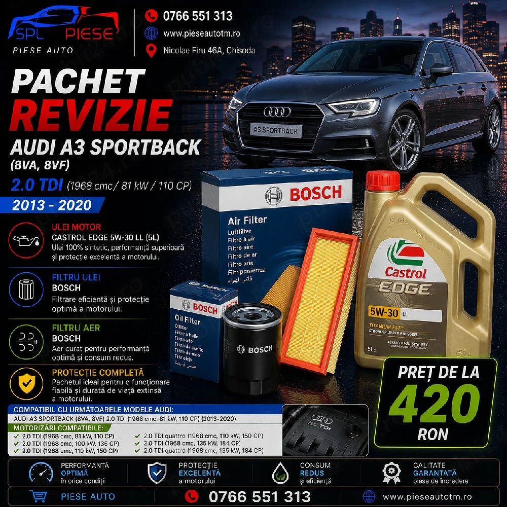Pachet Revizie Audi A3 Sportback (8VA, 8VF) 2.0 TDI (110 CP) | 2013–2020