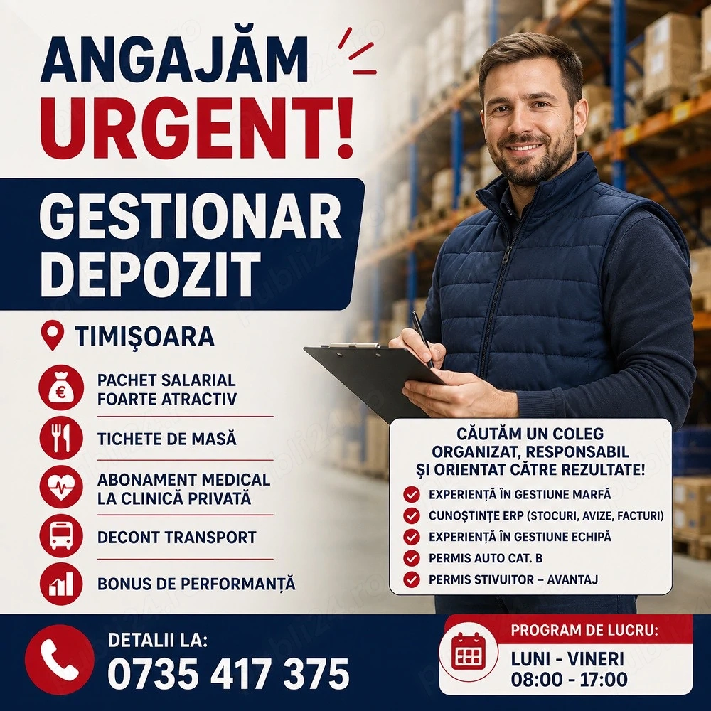 Angajam Urgent Sef punct de Lucru Gestionar Depozit - Timisoara