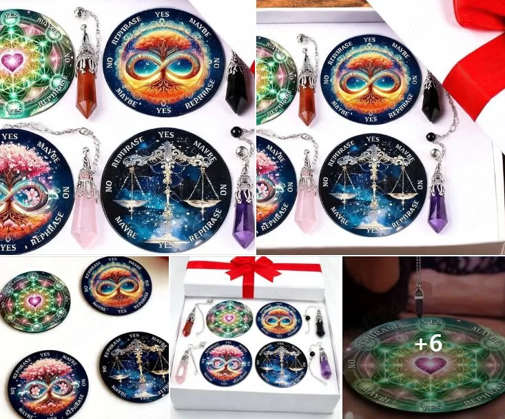 Kit Complet Radiestezie: 4 Plăci Divinație 18cm + 4 Penduluri Cristale Naturale+un set de rune cadou