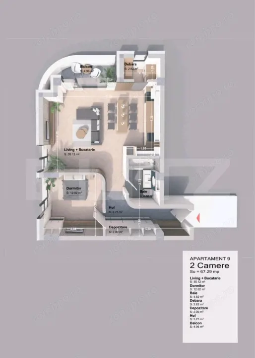 Apartament 2 camera, 67.29 mp, zona Pacurari - Rediu 