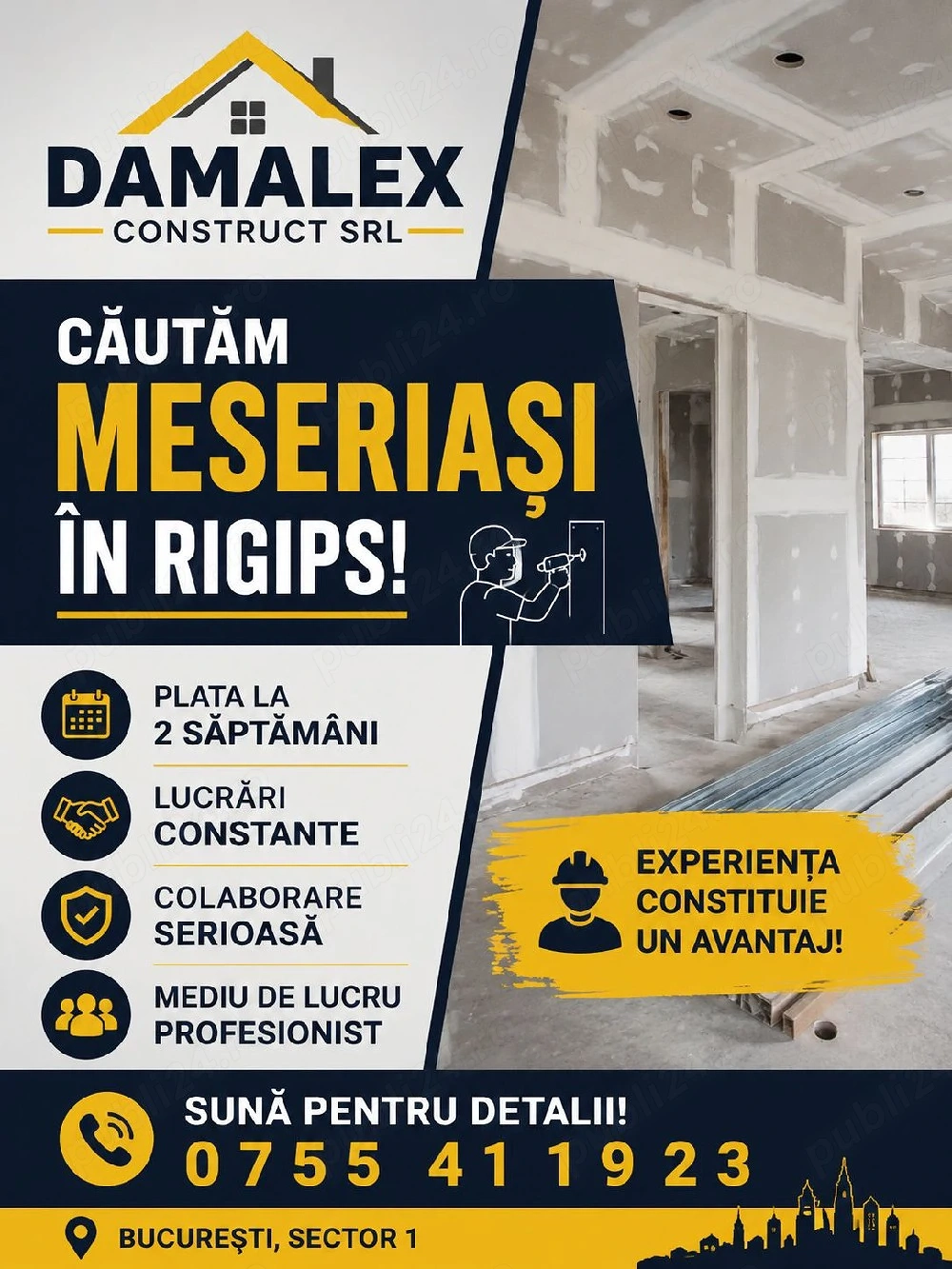 Angajez Rigipsari , plata la săptămână.