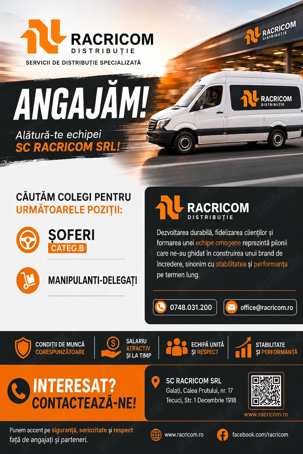 SC RACRICOM SRL angajează  șoferi categ B, manipulanti-delegati