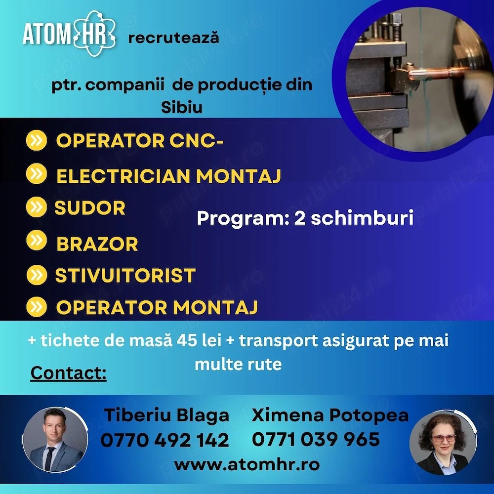 Atom HR angajează pe mai multe posturi în producție la o companie din Sibiu.