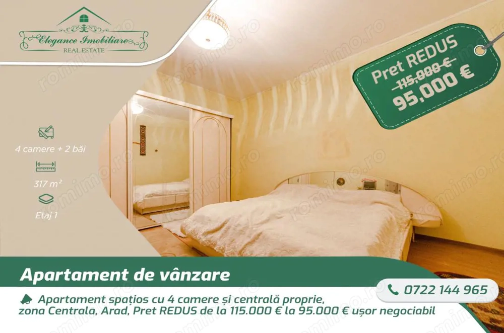 Apartament spațios cu 4 camere și centrală proprie, zona Centrala, Arad