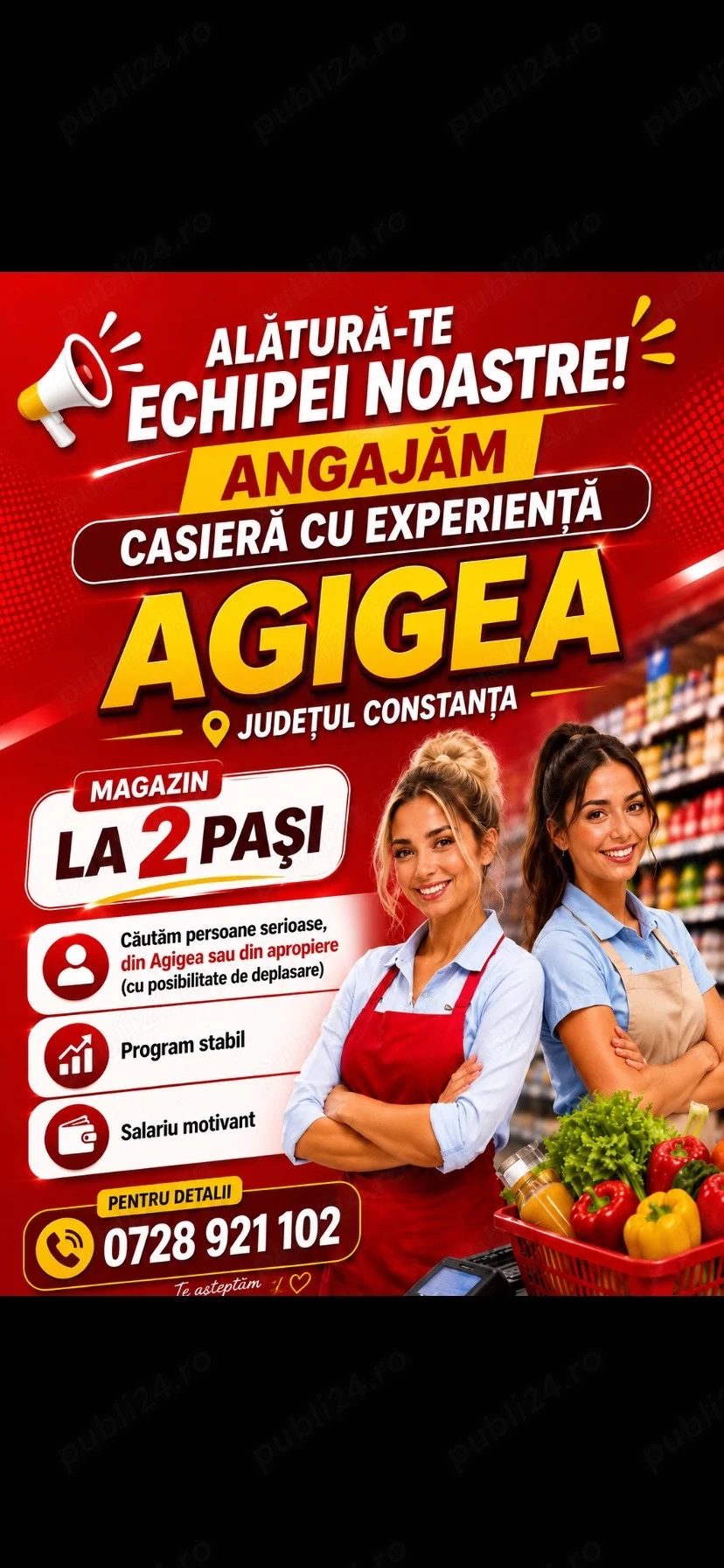 Angajam casiera cu experienta magazin LA 2 PASI din Agigea(Constanta)