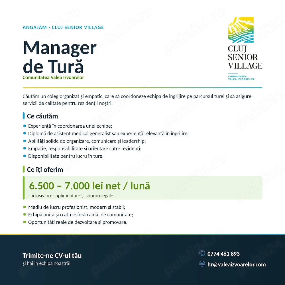 Manager de Tură - Asistent Medical Șef - Cluj Senior Village, Apahida 