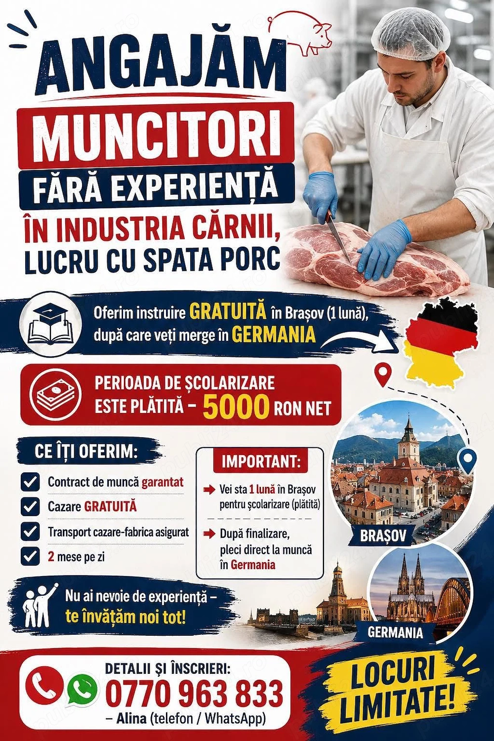 Angajam muncitori necalificati industria carnii Germania   cu instruire platita in Brasov