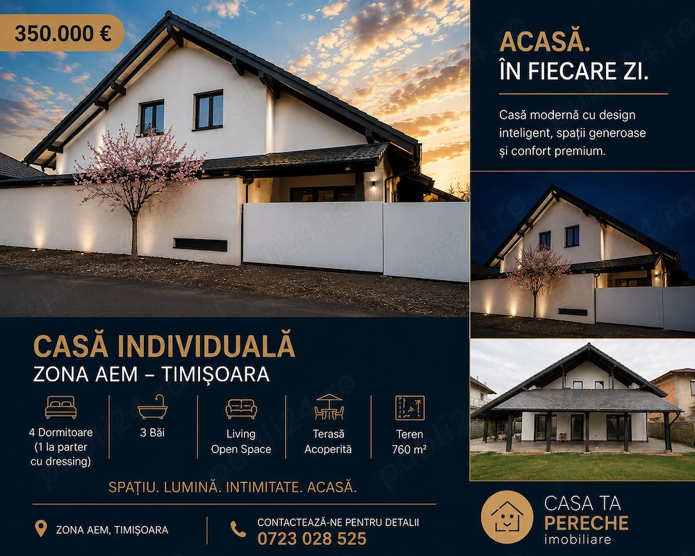 Vand casă individuală de vânzare în Timișoara, zona AEM | 177 mp utili | teren 760 mp | P+ M