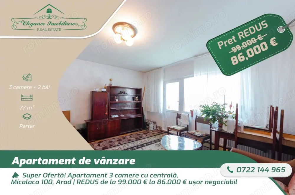 Apartament 3 camere cu centrala proprie, zona 100 Micalaca, Arad