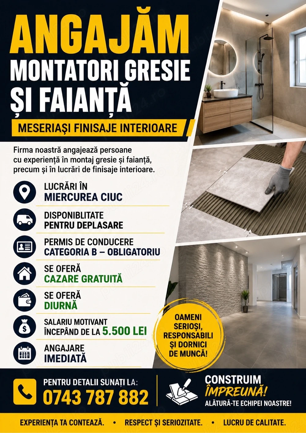 Angajăm montatori gresie și faianță Miercurea Ciuc Cazare și diurnă