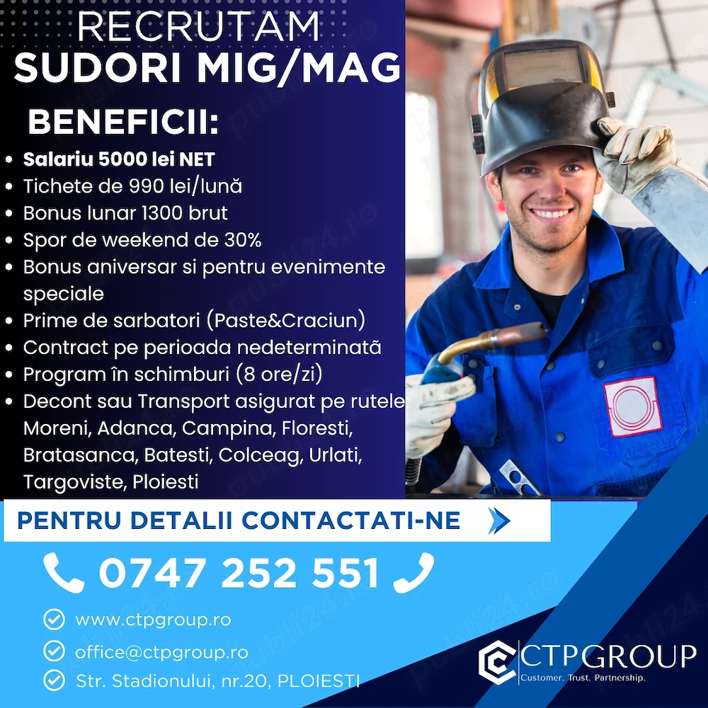 SUDORI Mig Mag | 5.000 lei NET + Bonuri 990 lei + Bonus 1.300 lei + Transport GRATUIT | Ploiești