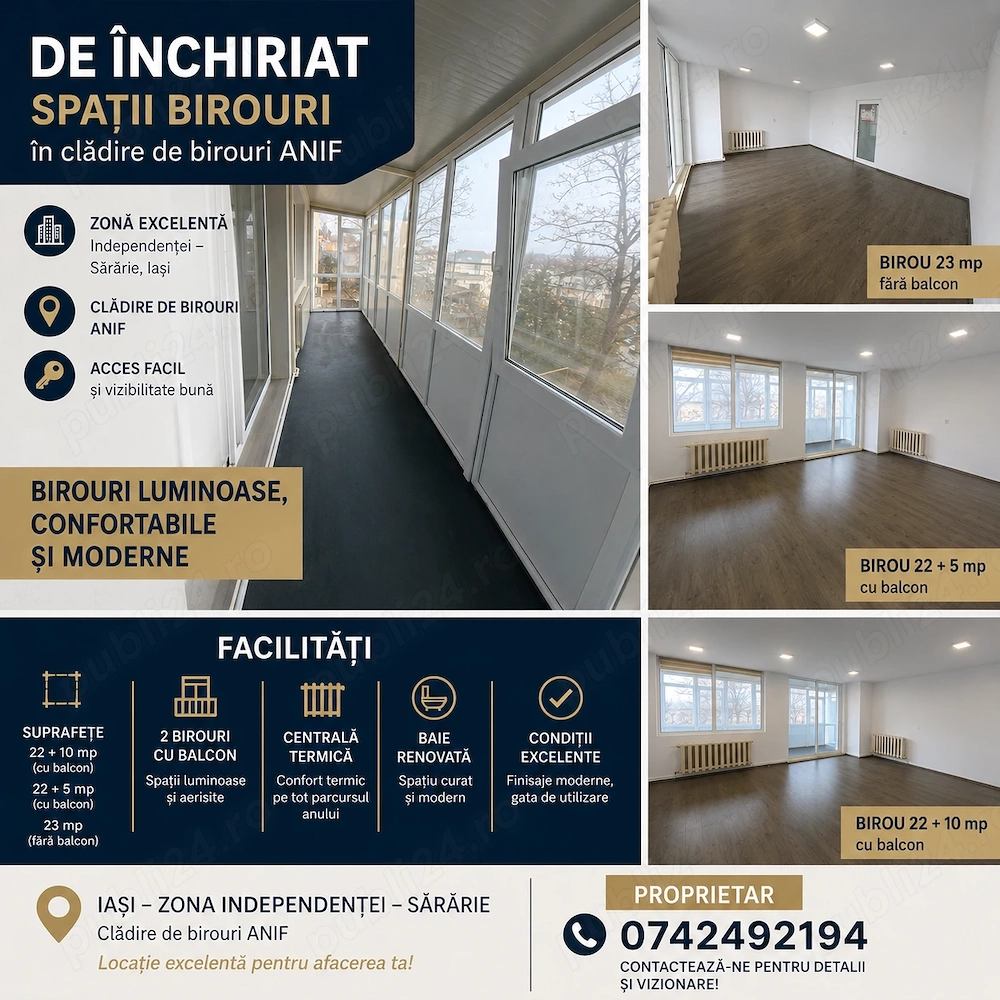 Proprietar   Închiriez 3 birouri în zona Independenței   Sărărie