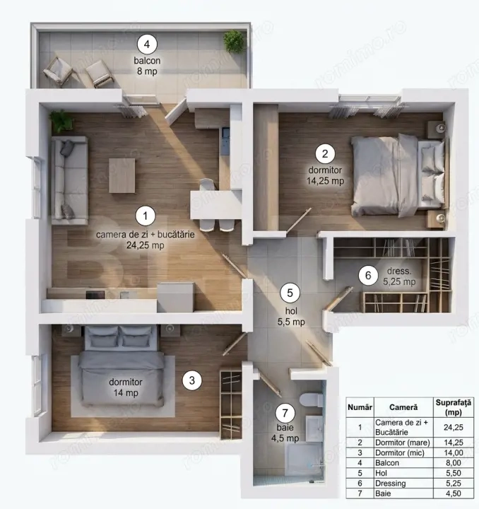 Apartament cu 3 camere, dressing și balcon, etajul 1