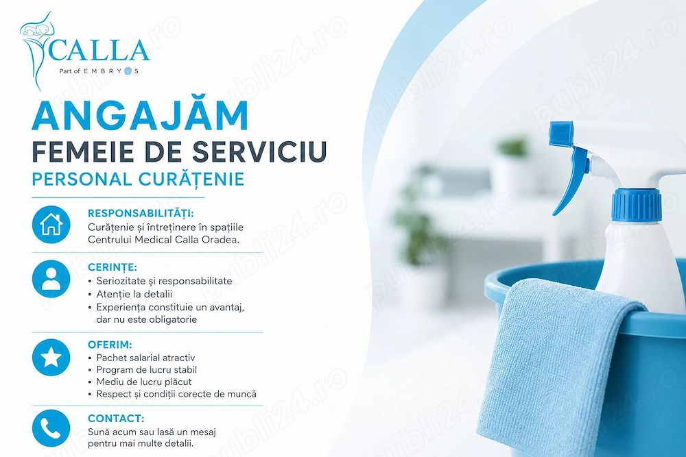 Angajam personal curățenie în clinică