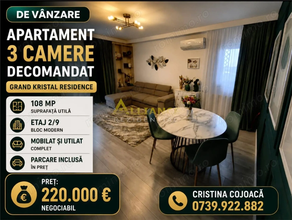 Grand Kristal Apartament 3 camere Mobilat si Utilat + Parcare Inclusa