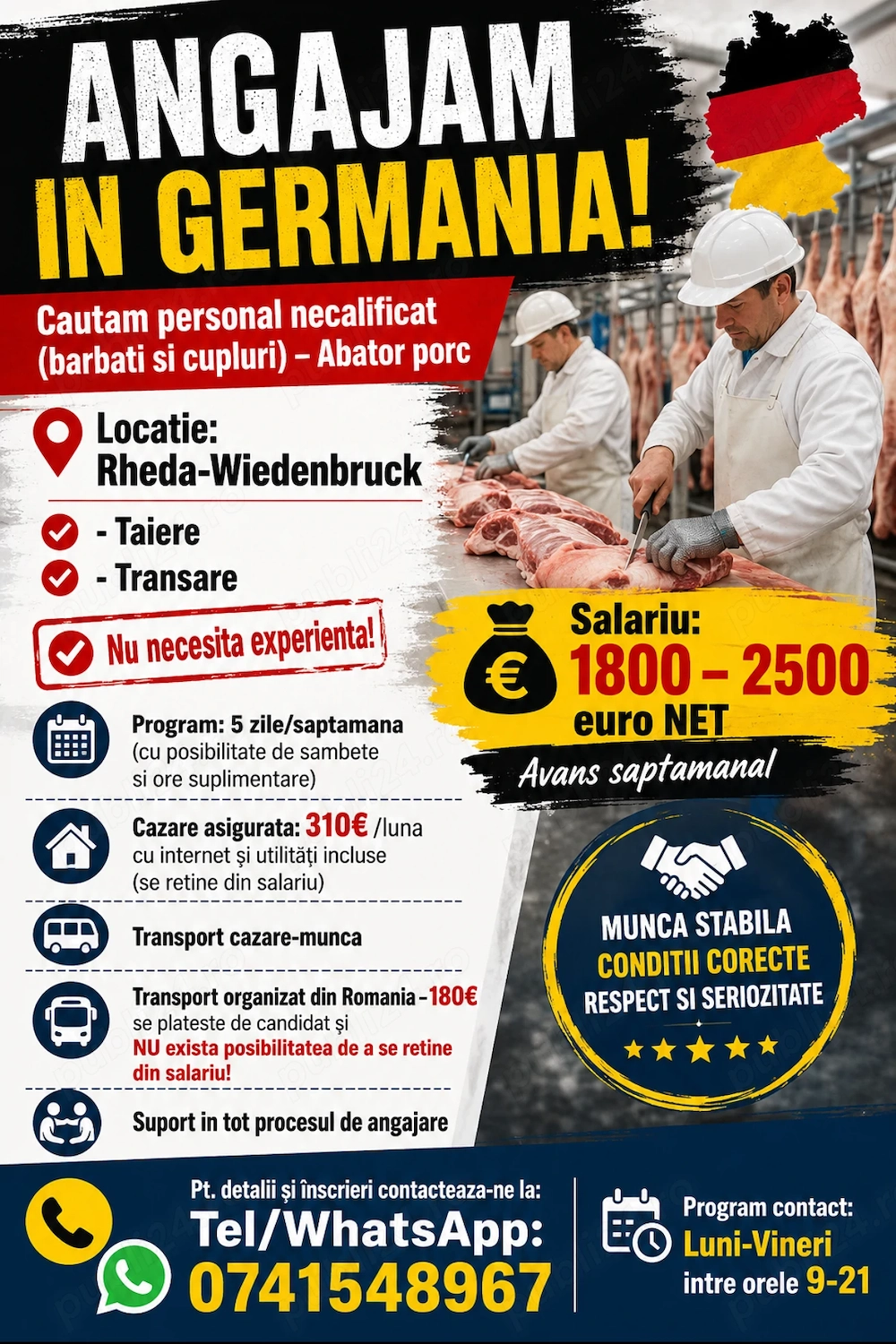 Angajam personal necalificat la abator Germania - cu sau fara experienta!