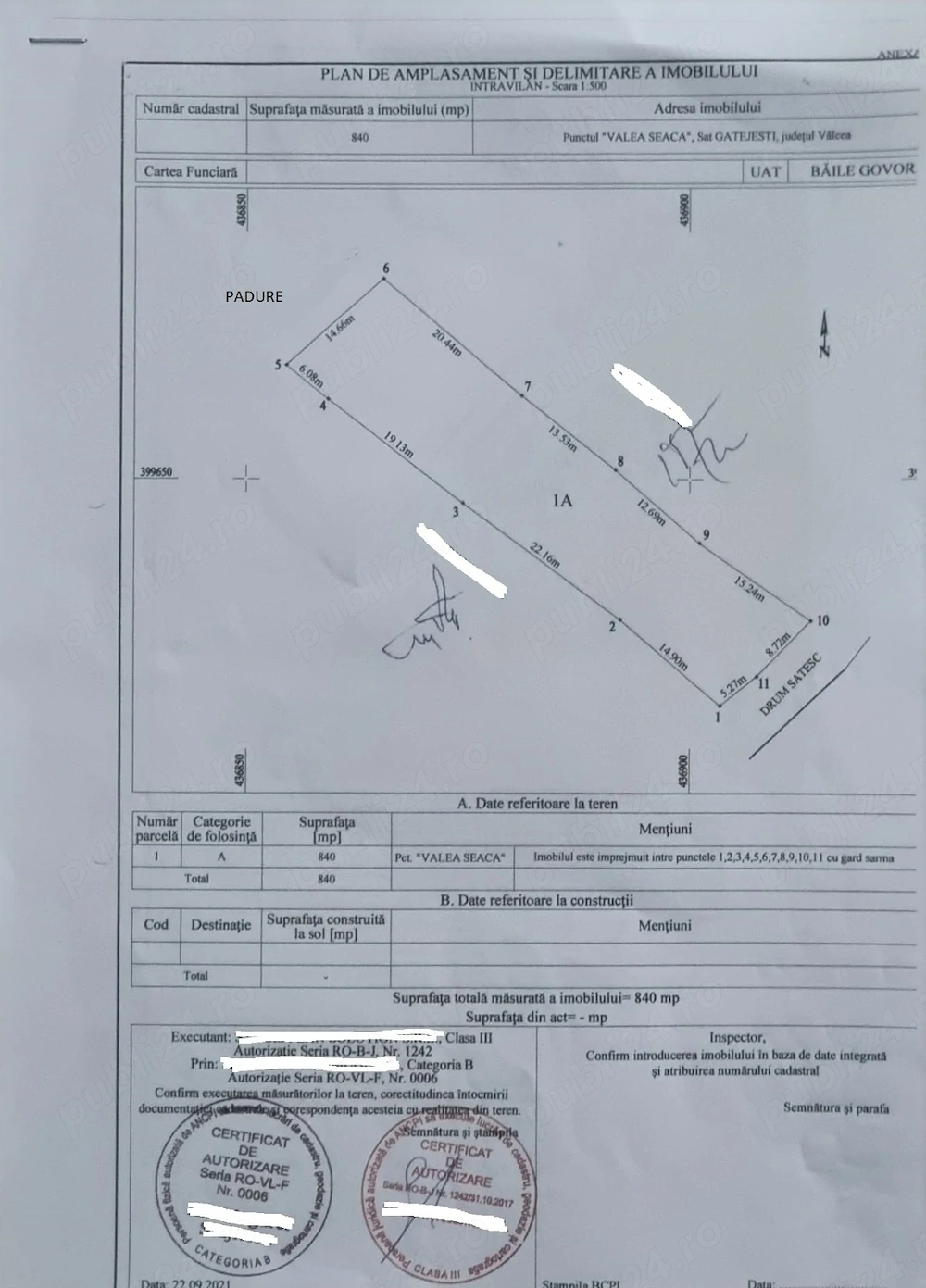 Propietar vând teren intravilan 958 mp + pădure 1.600 mp | Gătejești   Băile Govora | 18.500  