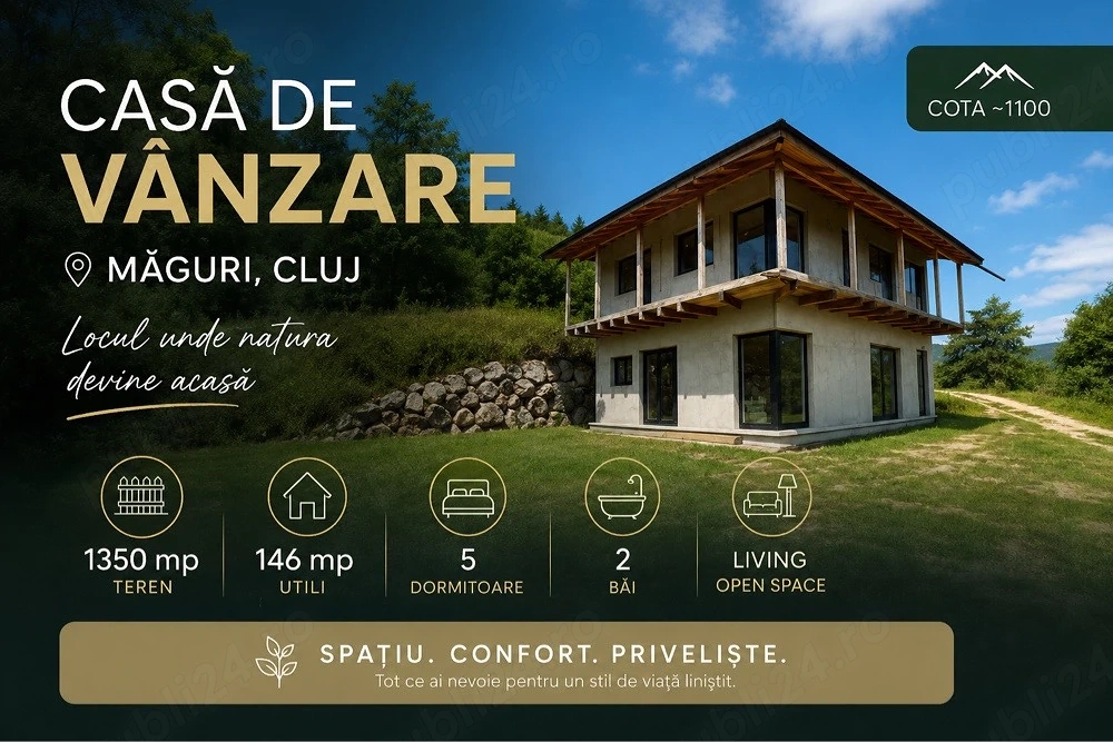 Cabană cu panoramă spectaculoasă   Măguri, Cluj | 146 mp utili | Teren 1.350 mp | 149.000  