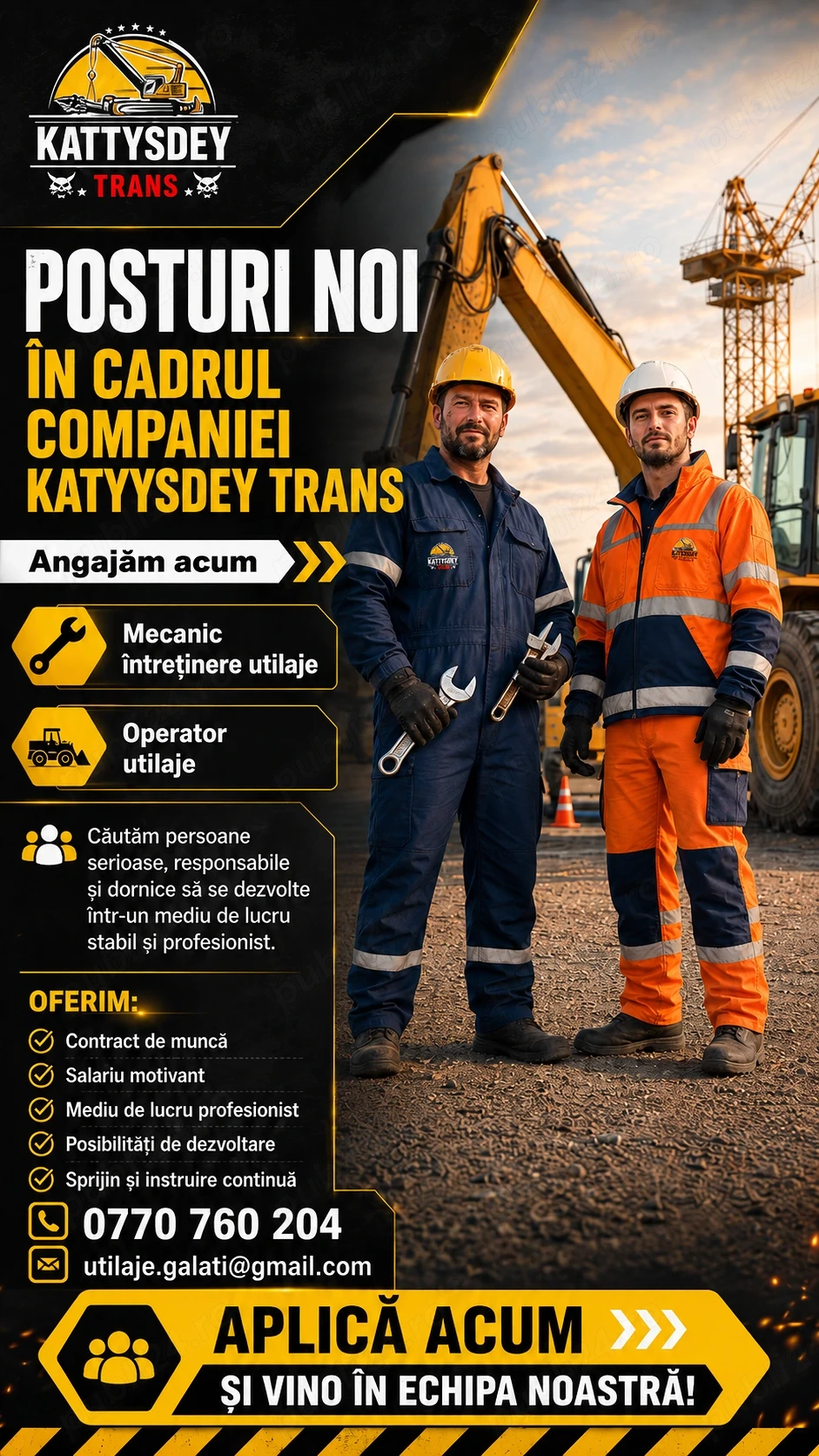 Posturi noi în cadrul companiei katyysdey trans       mecanic întreținere utilaje și operator utilaj