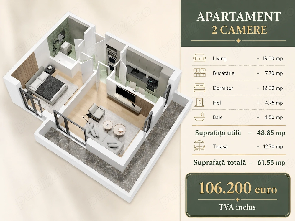 Apartament 2 camere, terasă 13 mp   Drumul Fermei, Popești Leordeni, 0% comision