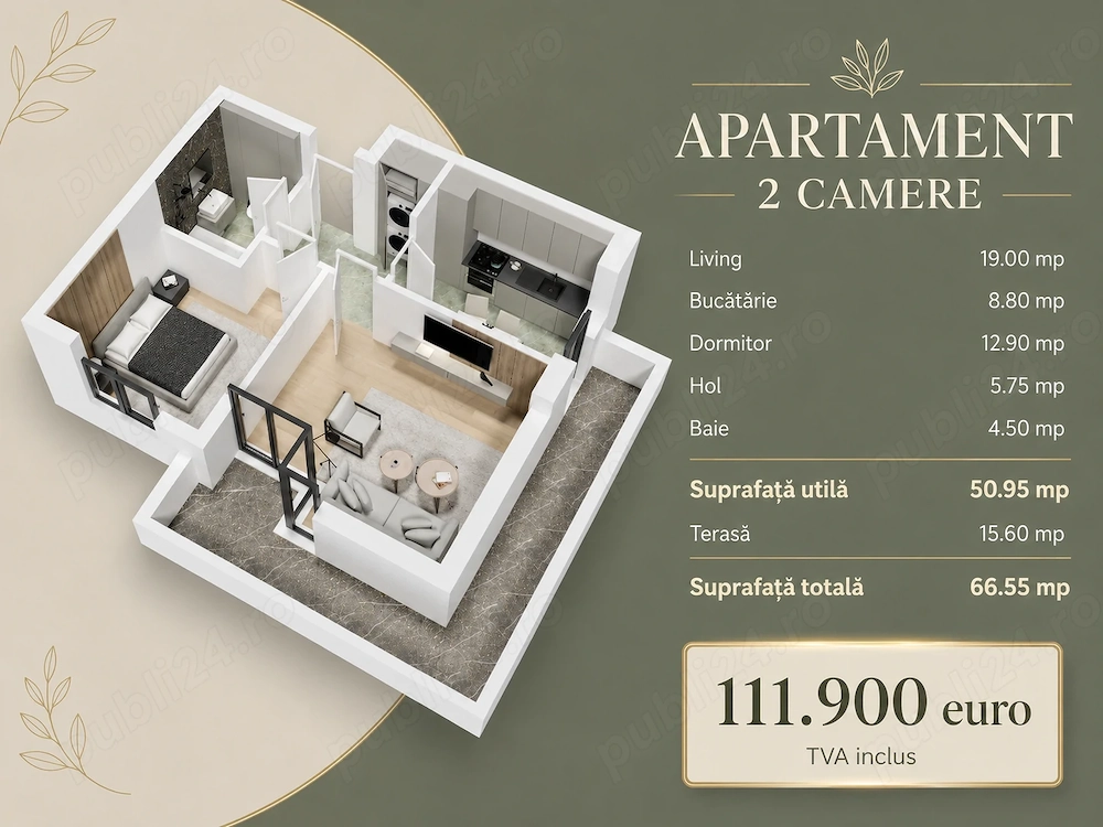 Apartament 2 camere, terasă 16 mp   Drumul Fermei, Popești Leordeni, 0% comision