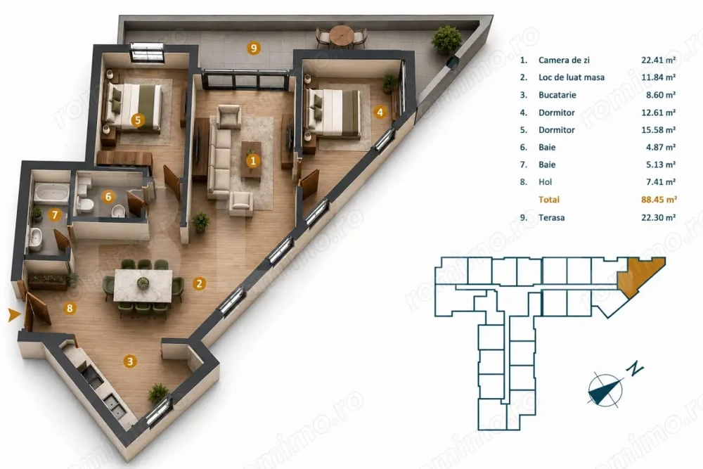 Apartament 3 camere, 88.2 mp, bloc nou cu CF, terasa 30.3 mp, Intre Lacuri