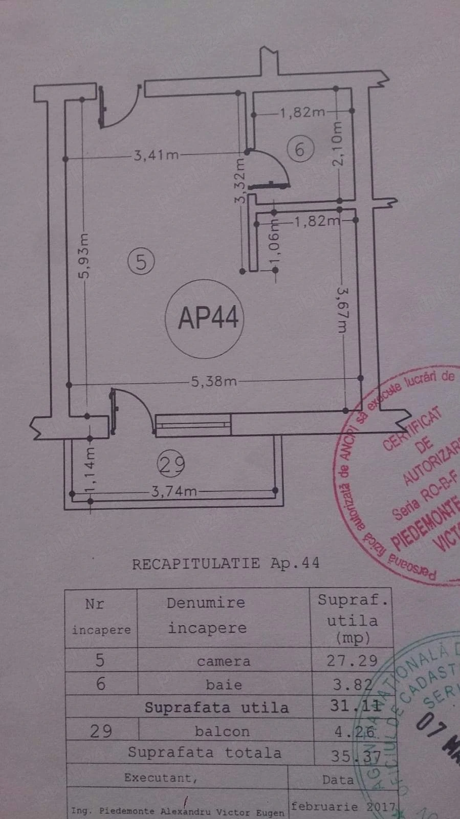 Vând garsoniera 35 mp Oraș Pantelimon vizavi SELGROS Pantelimon. 