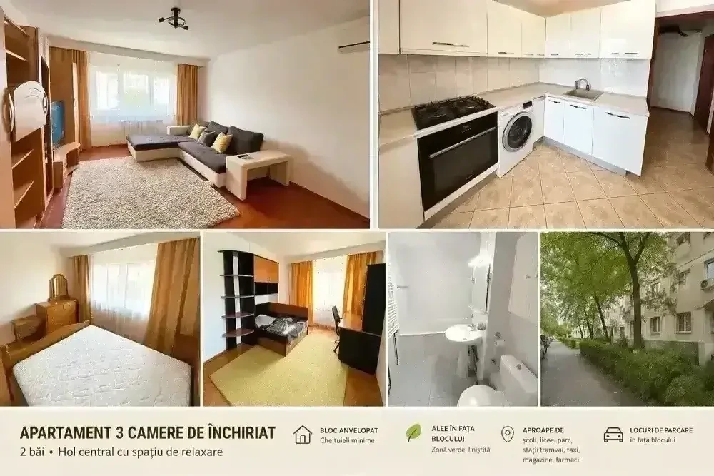 Apartament 3 camere de închiriat   spațios, complet utilat, zonă verde, bloc anvelopat