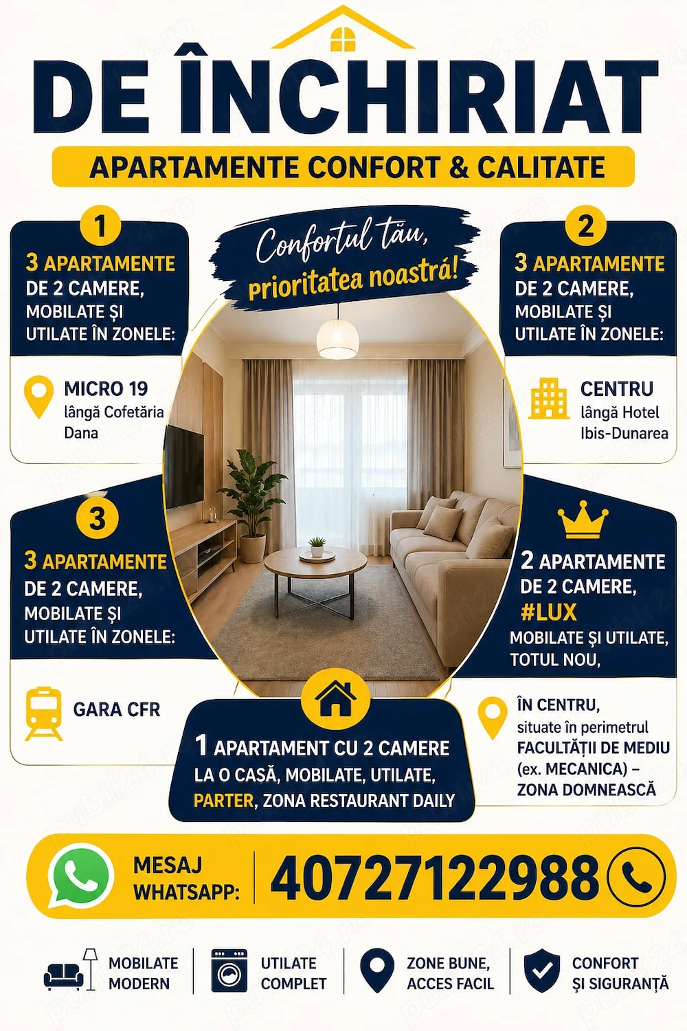 Apartament 2 camere, mobilat și utilat, PET Friendly , M19, Cofetaria Dana
