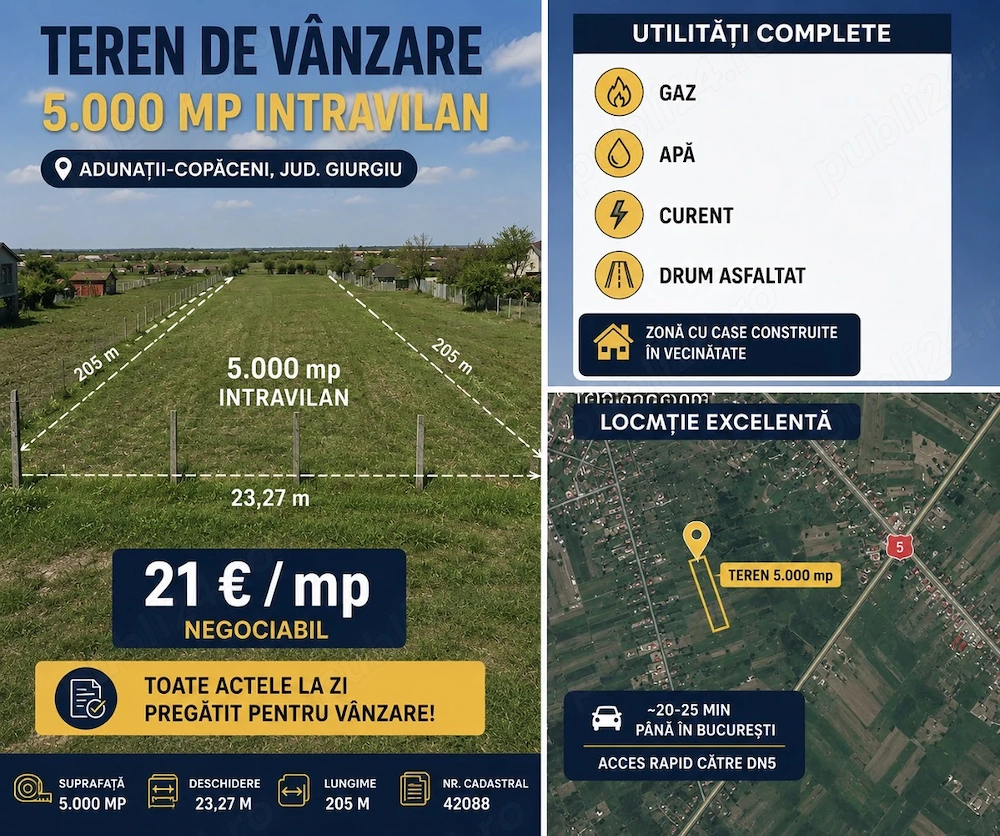 Vând teren intravilan 5.000 mp   Adunații-Copăceni, Giurgiu   21   mp negociabil
