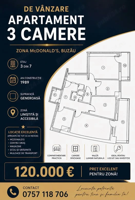 Vanzare apartament 3 camere zona ULTRACENTRAL-McDONALD S