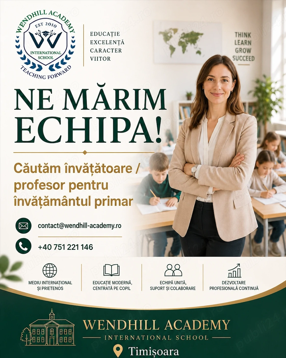  Căutăm învățătoare  profesor învățământul primar - școală privată Timișoara