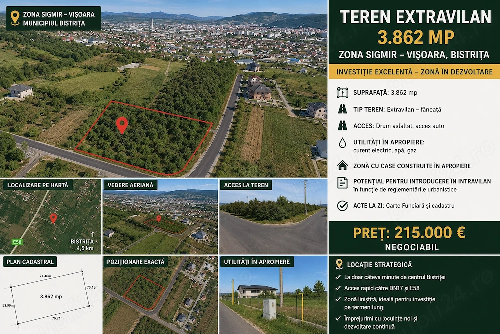 Teren Extravilan 3.862 mp   Zona Sigmir   Vișoara, Municipiul Bistrița | Drum asfaltat | Utilități 
