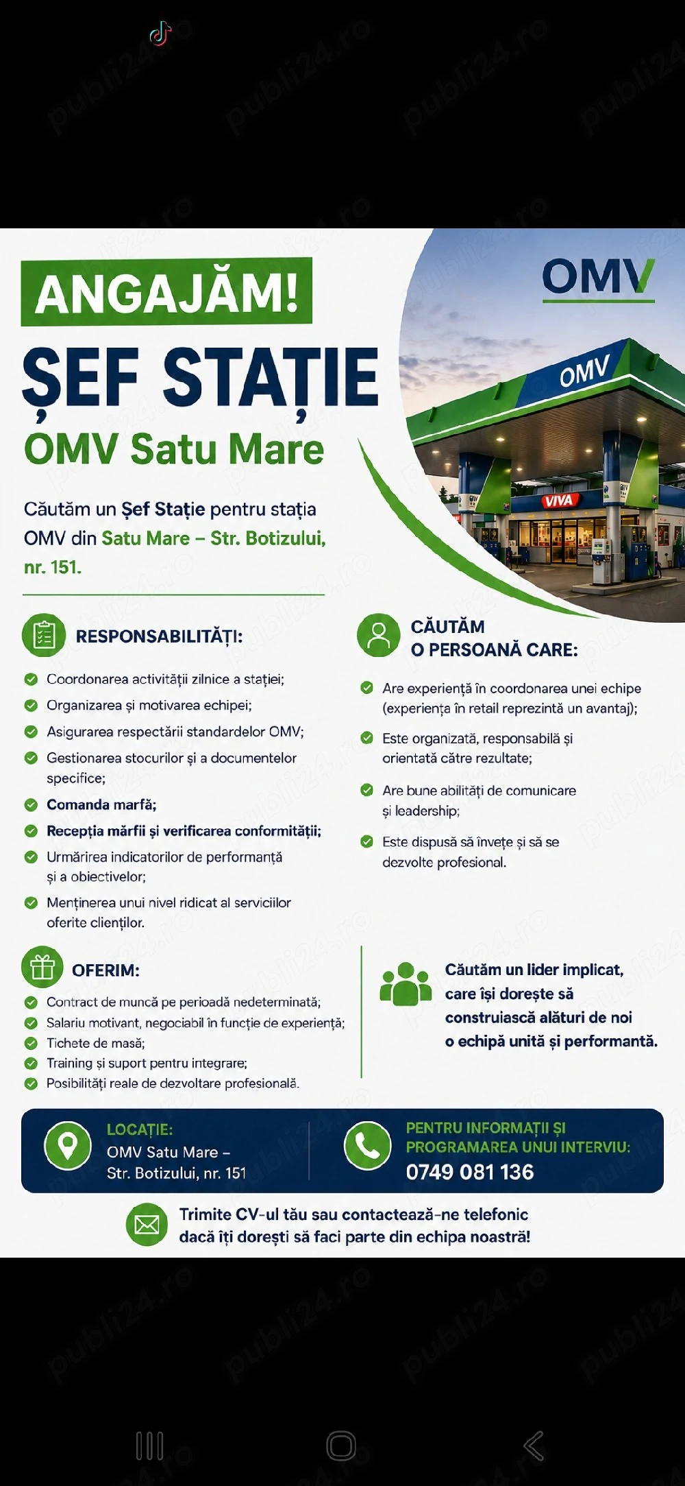  Angajăm Șef Stație   OMV Satu Mare