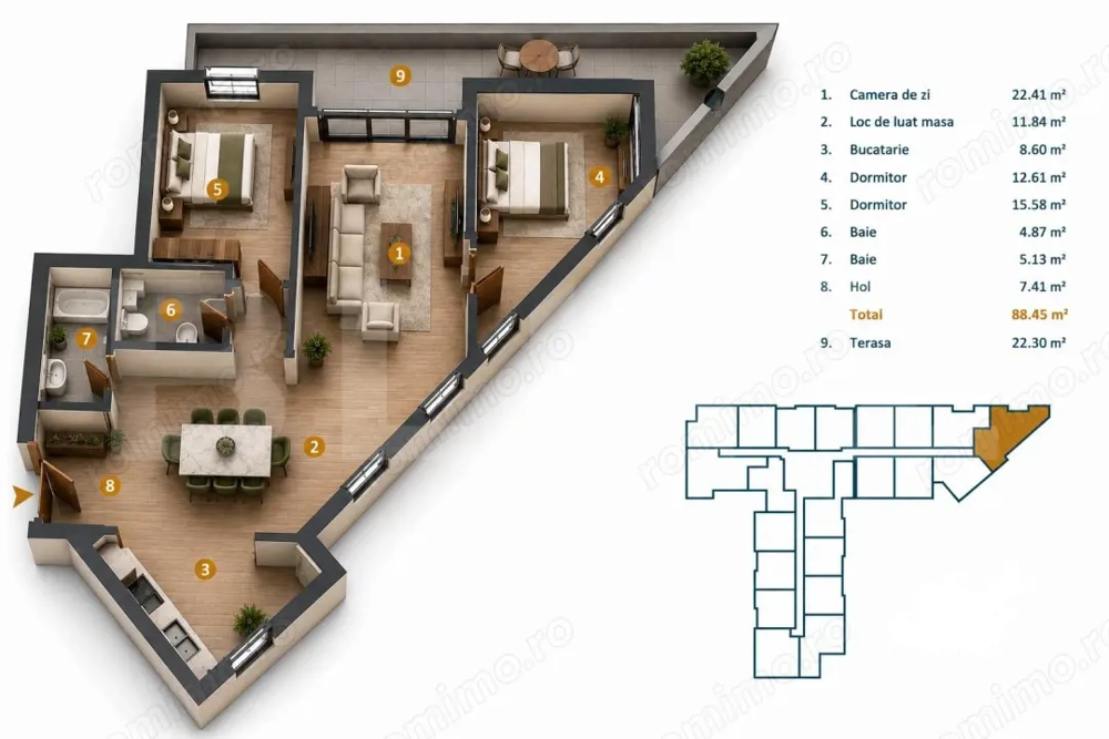 Apartament 3 camere 88 mp Terasa 22 mp etaj intermediar, Între Lacuri