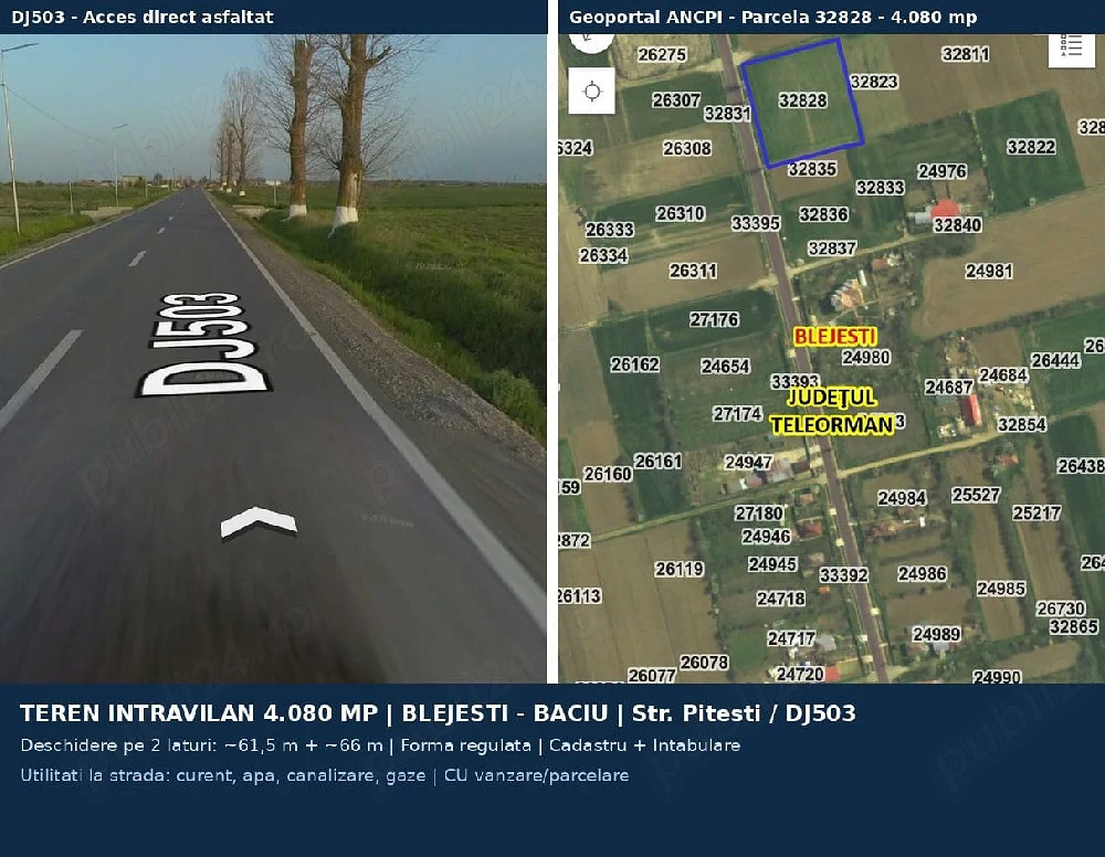 Teren intravilan 4080mp Blejesti - Videle, stradal, DJ503, 60km Buc