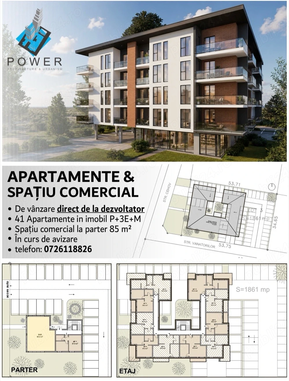 Proprietar - teren + proiect   41 apartamente + 85 mp spatiu comercial   P+3E+Er M   Giroc -Tmisoara